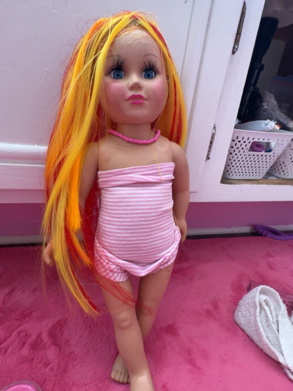 Pink Striped Doll with Multi-Colored Hair - Kids Toy